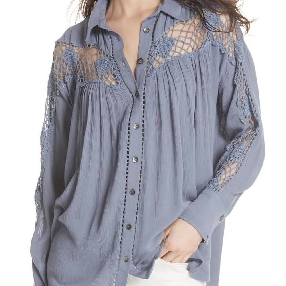 Free People $108 Blue Katie Bird Button‎ Down Crochet Shirt Tunic Top S